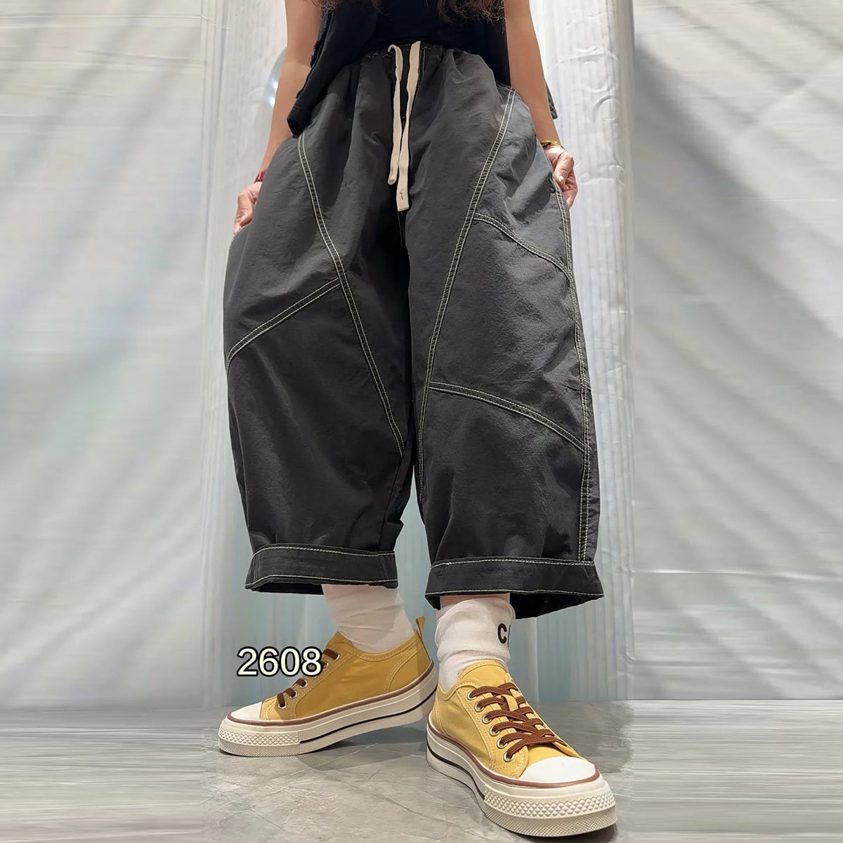 Patchwork Denim Washed Cotton Casual Pants Women Plus Size Loose Cropped Pants 2026 Spring Summer Denim Jeans JLJ522