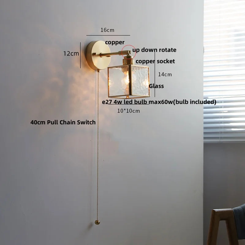DecorBites™ Japanese Style LED Wall Light Clear Glass Pull Chain Switch Bedside Lamp