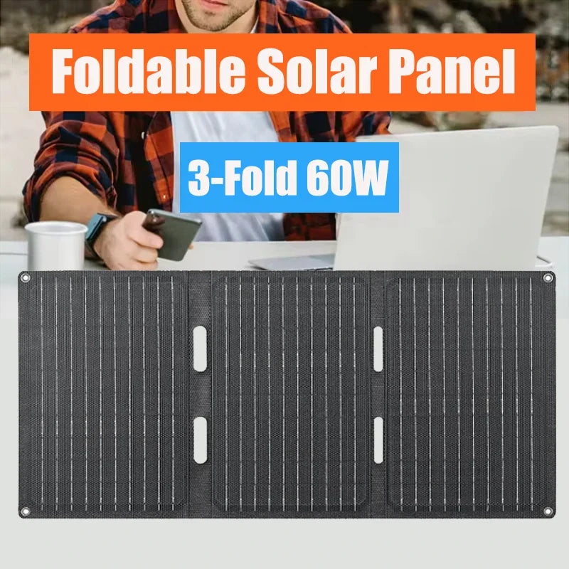 60W Foldable Solar Panel 3-Fold USB Type-C Folding Bag Power Charger For Phone Outdoor Hiking Camping Mobile Power Supplies