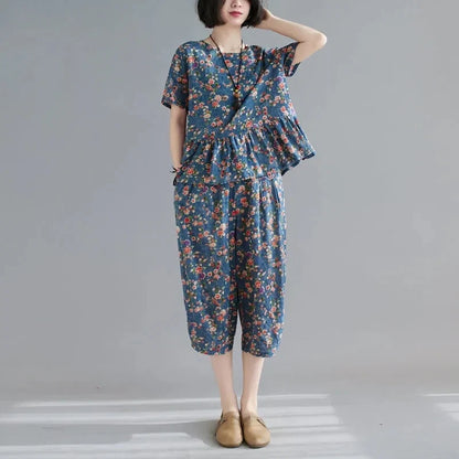 5XL Middle Aged Female Pants Suit Cotton Two Piece Set Women Summer