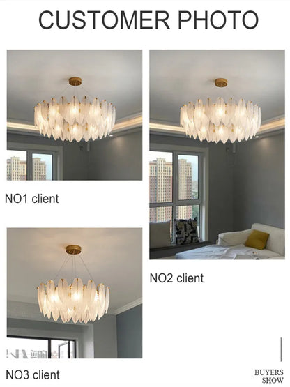 DecorBites™ Glass Feather Chandelier: Luxury Art Decor Ceiling Chandelier for Living Dining Room