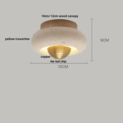 DecorBites™ Japan Style LED Ceiling Light Yellow Travertine Stone Wood Base Bedroom Luminaire