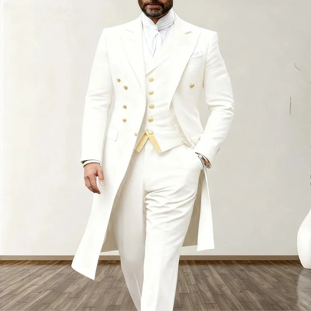 Blue Men Wedding Suits 3 Piece Long Blazer Vest Pants Satin One Button