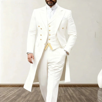 Blue Men Wedding Suits 3 Piece Long Blazer Vest Pants Satin One Button