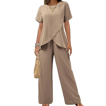 Casual Solid Suit Women Summer Fashion Round Neck Short Sleeve