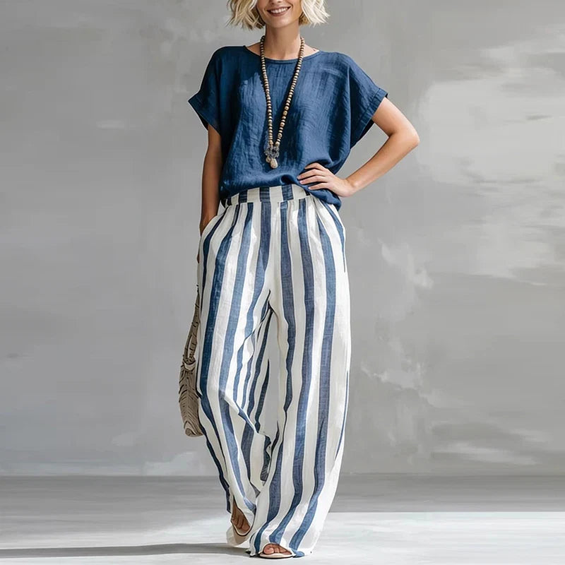 Vintage Women Two Piece Set O Neck Loose Short Sleeve Women T-Shirts Striped Printed Pants Suit Women Summer Casual Outfits
