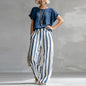 Vintage Women Two Piece Set O Neck Loose Short Sleeve Women T-Shirts Striped Printed Pants Suit Women Summer Casual Outfits