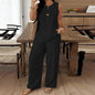 Summer O Neck Button Vest Shirt Wide Leg Pants Suit Women Casual Two Piece Set Solid Color Comfortable Holiday Outfits White