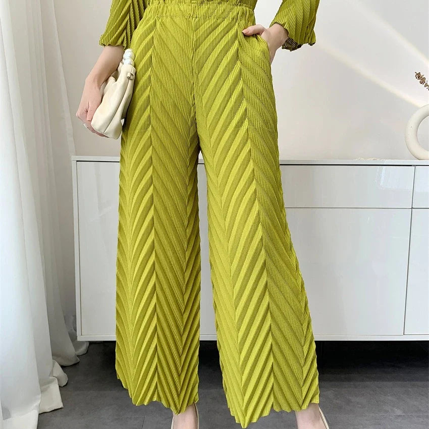 Spring New Women Handmade Pleated Pants Set Comfortable Casual Seven