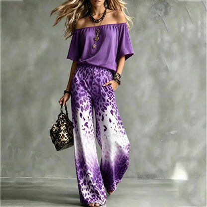 Summer Women Off Shoulder Short Sleeve Top Gradient Leopard Print Wide Leg Pants Two Piece Boho Casual Fashion Matching Suit New
