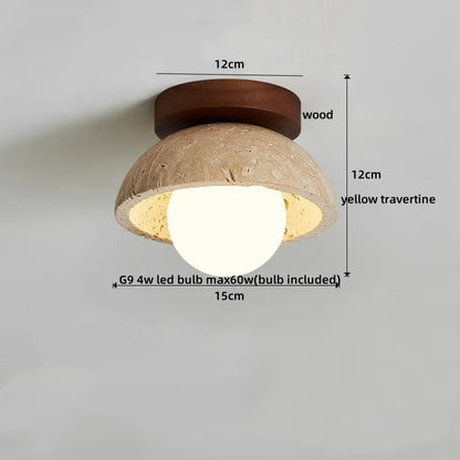 DecorBites™ Japan Style LED Ceiling Light Yellow Travertine Stone Wood Base Bedroom Luminaire.