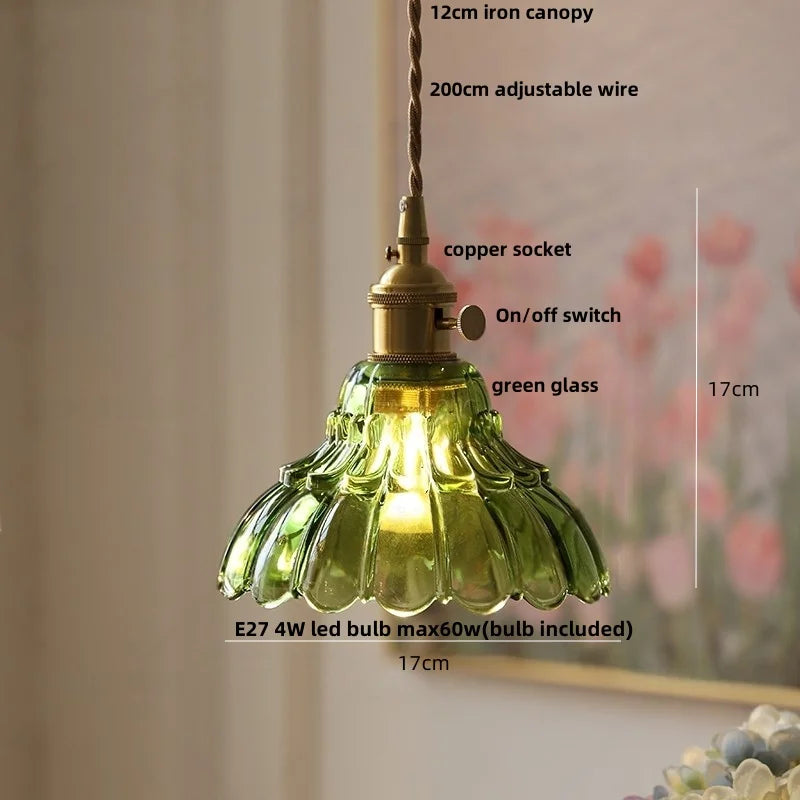 DecorBites™ Green Glass LED Pendant Lamp | Modern Nordic Wood Walnut | Brass Knob Switch | Hanging Light