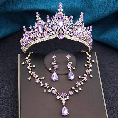 Baroque Wedding Crown for Bride 3-Pack Tiara Earrings Necklace Bridal