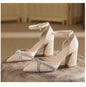 Size 30-44 Chunky Heel Hollow Point Toe High Heels Women Shoes Solid Color Ankle Strap Rhinestone Black Heels