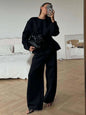 BJTZ Spring Autumn Women Solid Crew Neck Long Sleeve Top Wide Leg