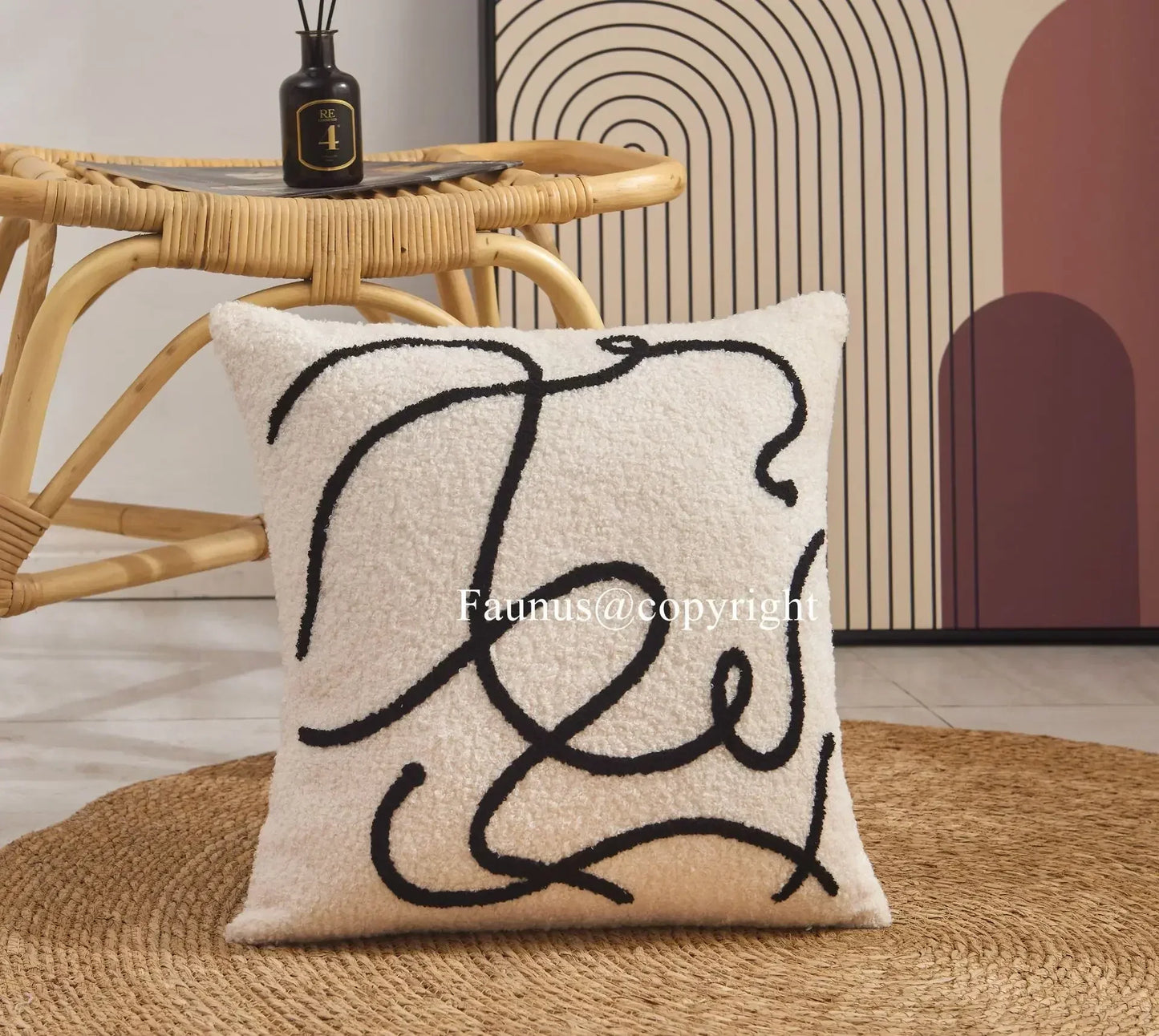 DecorBites™ Lambswool Face Embroidered Cushion Cover 45x45 - Beige White Abstract Art Pillowcase