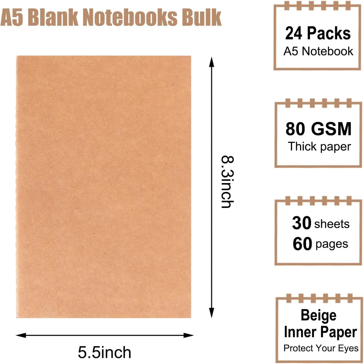 24 Pack Blank Kraft Notebooks A5 Journals Bulk 60 Pages Unlined Paper Sketchbooks for Travel Journaling Writing