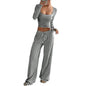 Women's Striped 2 Piece Outfits Long Sleeve Square Neck Cropped Top Drawstring Wide Leg Pants Set Casual Lounge Lady Sweatsuits