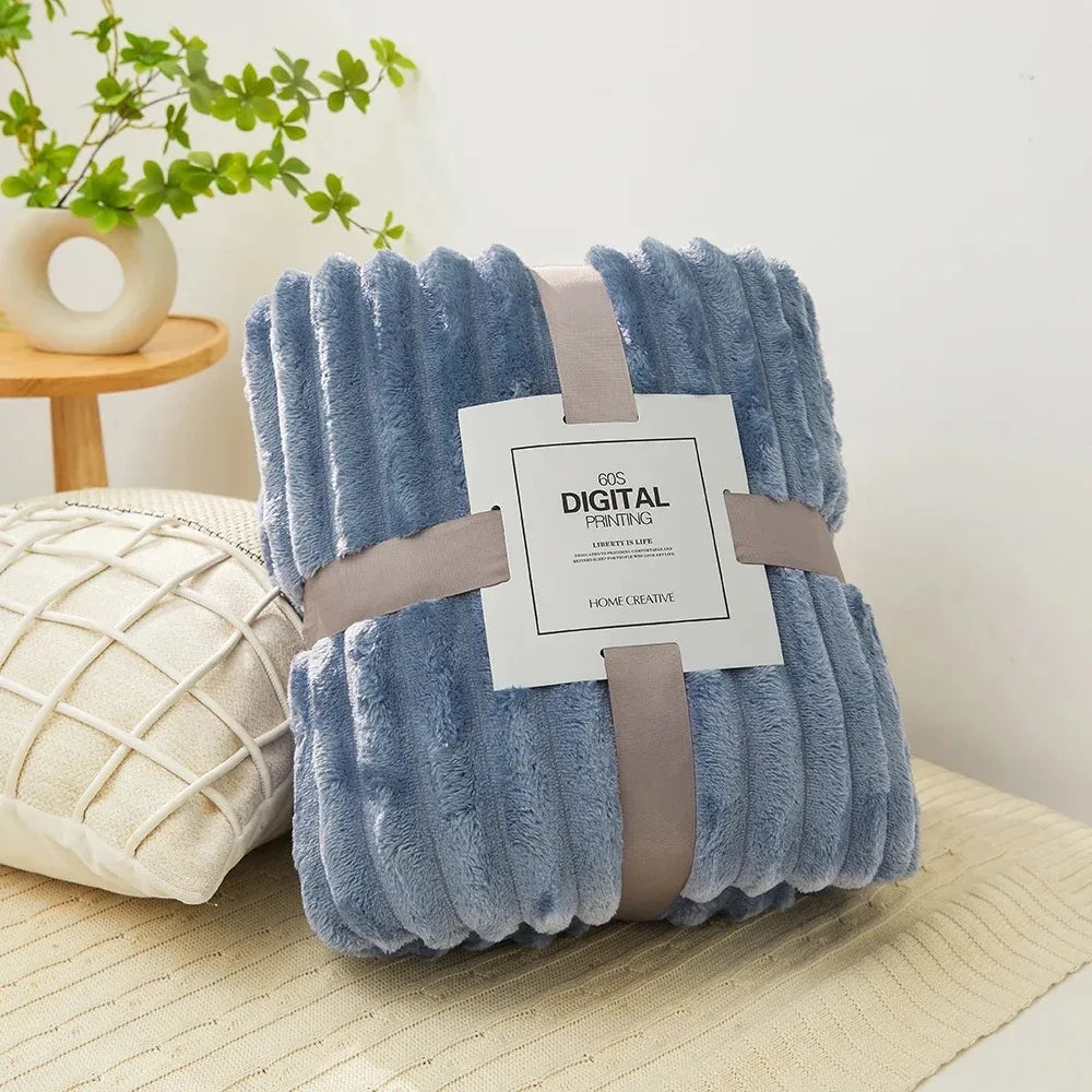 Coral Fleece Flannel Blanket 300GSM Ultra Soft Microfiber Plush Throw Blanket Warm Striped Cozy Blanket for Couch Bed Sofa