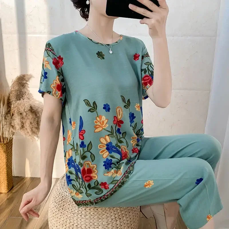 Summer Women Cotton Linen Short Sleeve Set Large Size Middle-Aged