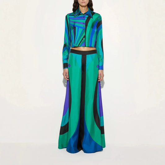 Spring Autumn Print Pants Sets Women Long Sleeve Shirt Loose Wide Legs Trousers Two Piece Set Fashion Streetwear Female Clothing