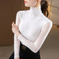 Long Sleeve High-neck Lace T-shirt Top Spring Autumn New Mesh Bottoming Shirt Women's Perspective Sexy T shirt Tees S-4XL Green