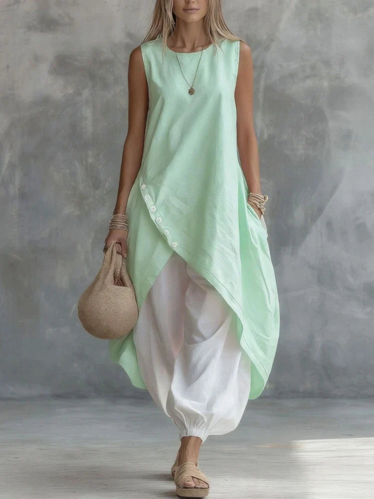 Casual Women Summer 2PCS Matching Set O-Neck Irregular Long Shirt