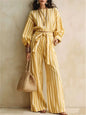Women New Striped Long-sleeved Shirts Trousers 2piece Set Fashion Casual Ultra-short Top Waisted Lace-up Loose Wide-leg Long Set