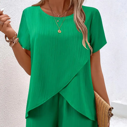 Casual Solid Suit Women Summer Fashion Round Neck Short Sleeve