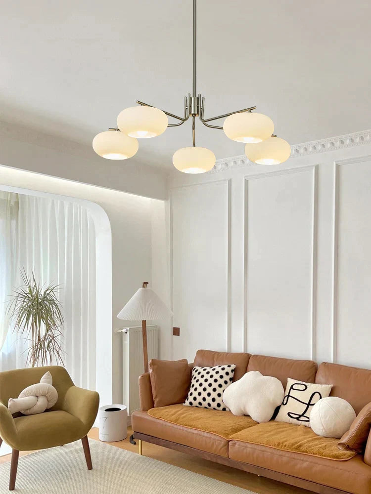 DecorBites™ Glass Persimmon Chandelier: Bauhaus Medieval Inspired Milk White Lamp