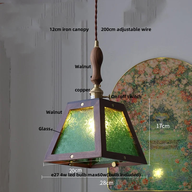 DecorBites™ Glass LED Pendant Lamp Walnut Wood Brass Hanging Lights