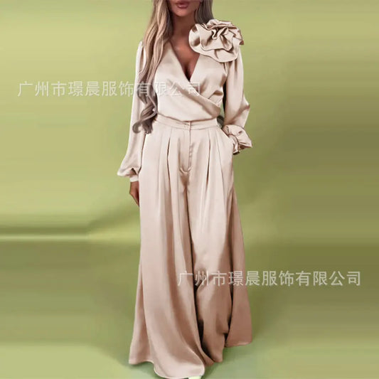 Women 3D Pants Set Elegant Flower Satin Suit For Women V Neck Blouse Wide Leg Casual Loose Trousers Set Formal Commuting