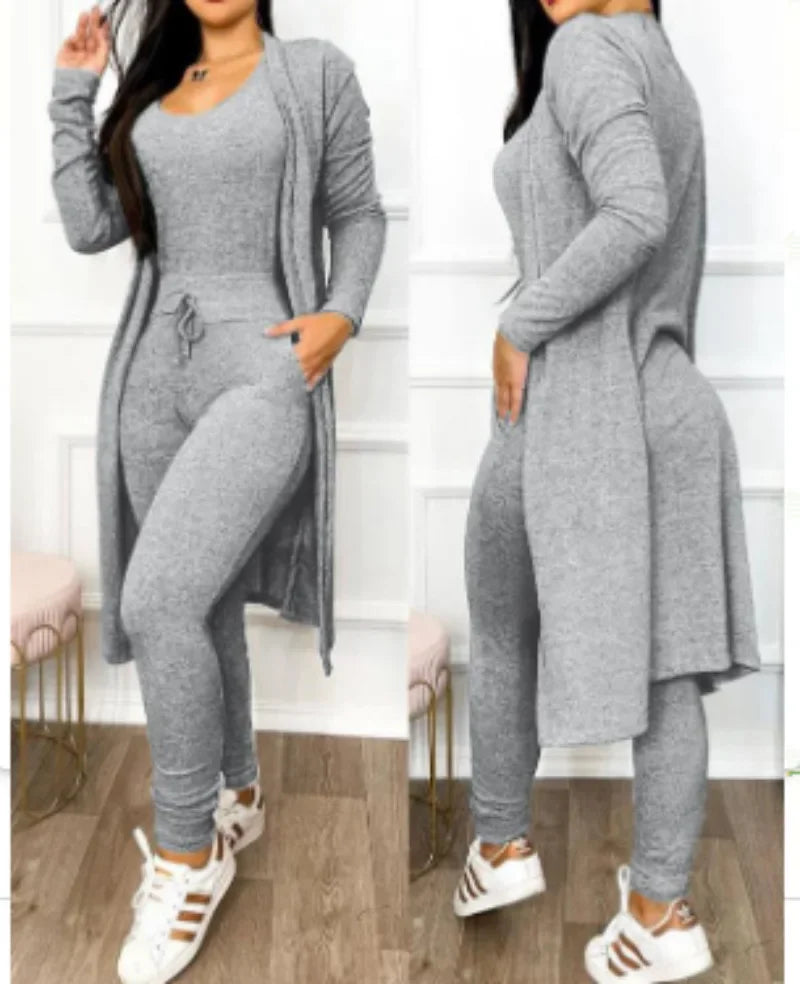 Jumpsuit & Coat Set Autumn Women Drawstring Pocket Pants Sets One