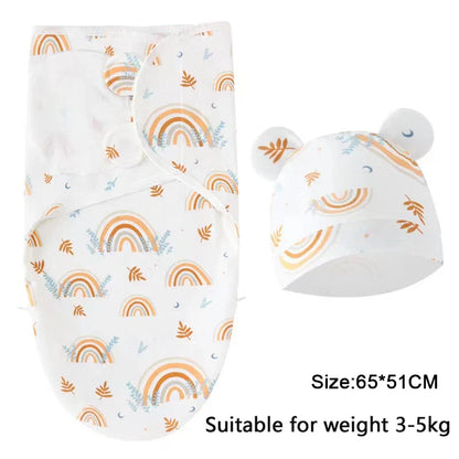 Baby Blanket Hat Set Cartoon Printed Cotton Newborn Swaddle Adjustable Infant Sleeping Swaddle Wraps All Seasons 0-6 Months