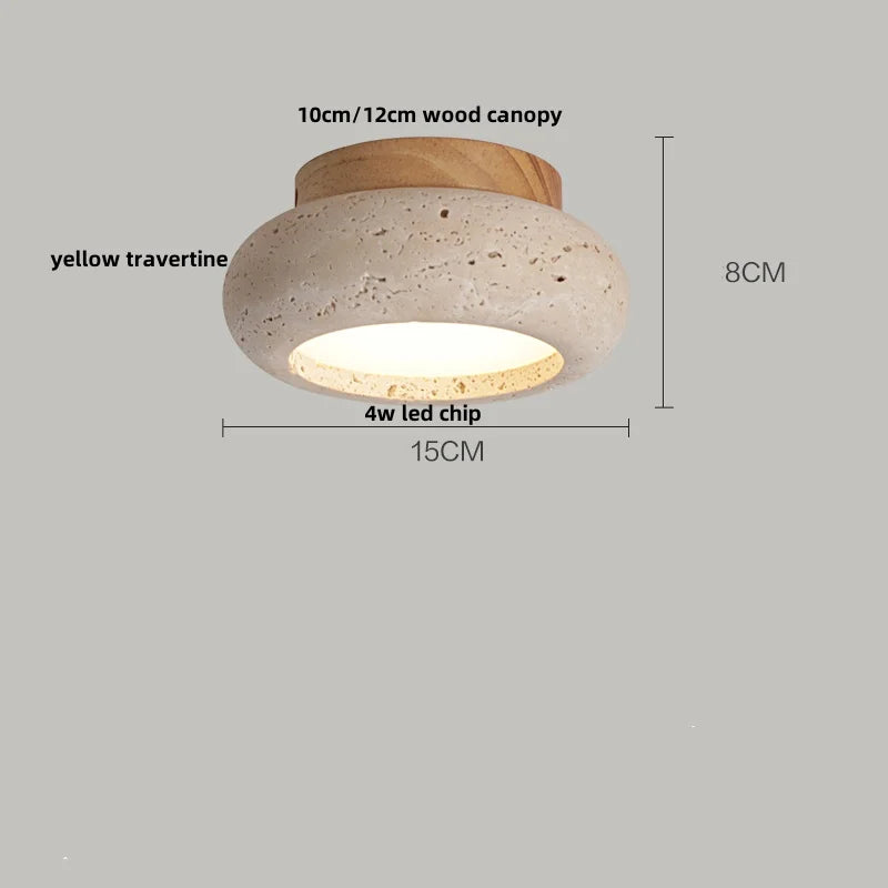 DecorBites™ Japan Style LED Ceiling Light Yellow Travertine Stone Wood Base Bedroom Luminaire.