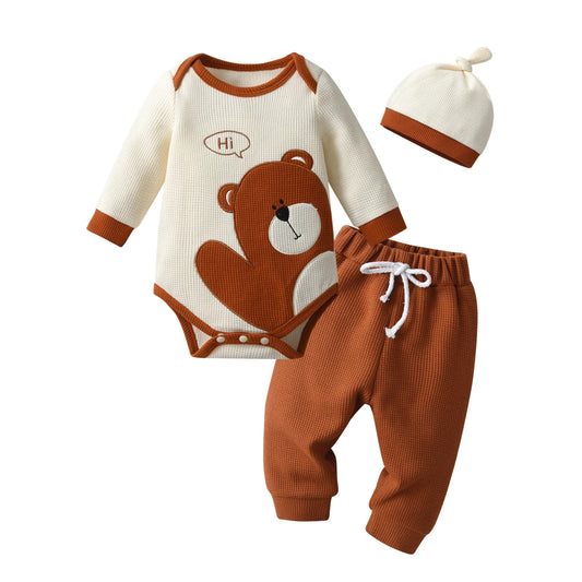 Cute Newborn Infant Baby Boy Spring Autumn Clothes Set Bear Printed Long Sleeve Romper Bodysuit Top and Pants Long Cap Outfit