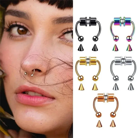 1/2/3/4/5pcs Fake Magnetic Stainless Steel Nose Rings, Non Piercing