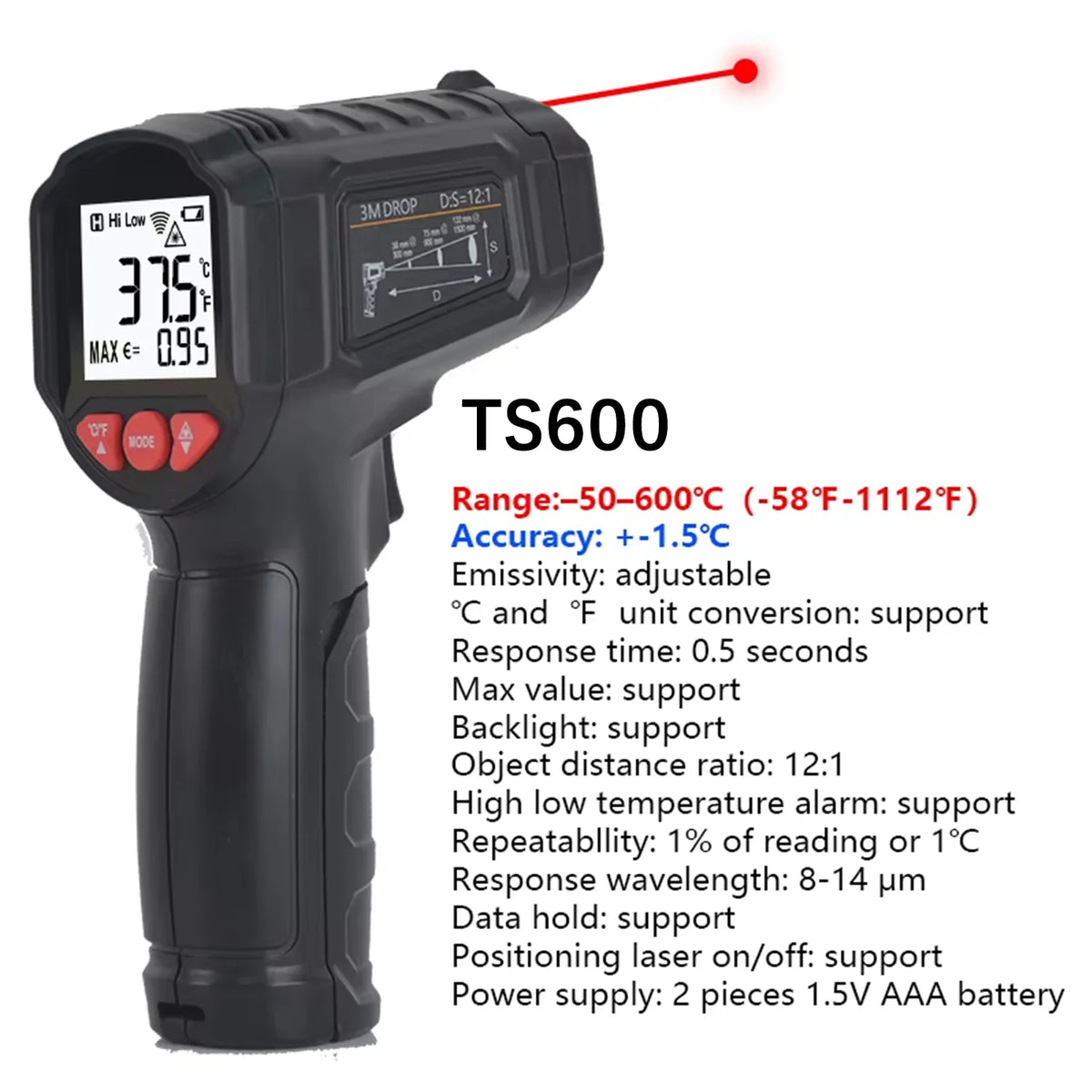 -50 to 800 Degree Mestek Digital Infrared Thermometer Laser Temperature Meter Non-contact Pyrometer Hygrometer IR Thermometer