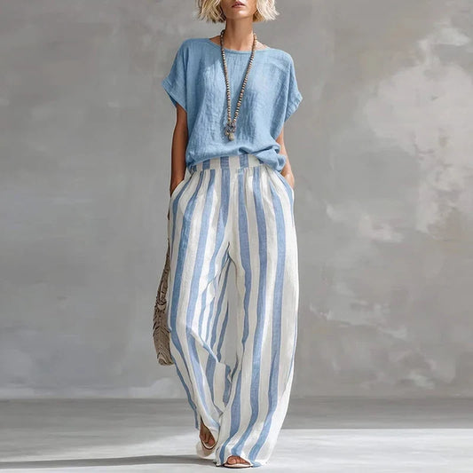 Vintage Women Two Piece Set O Neck Loose Short Sleeve Women T-Shirts Striped Printed Pants Suit Women Summer Casual Outfits