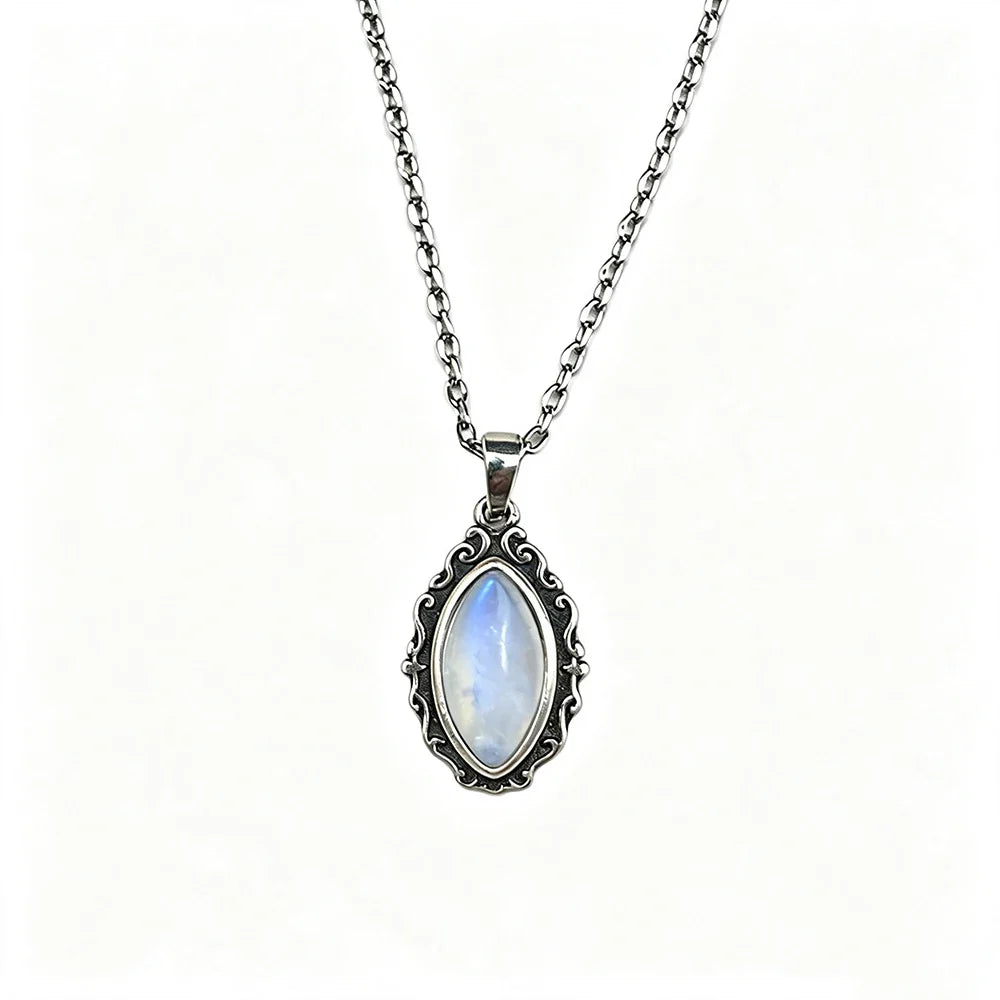 Vintage 925 Sterling Silver Necklaces with Natural Moonstone 12*6MM Simple Pendant Necklaces Party Fine Jewelry For Women Men