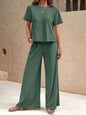 New Solid Green Women Loungewear Set Round Neck Crop Short Sleeve Top