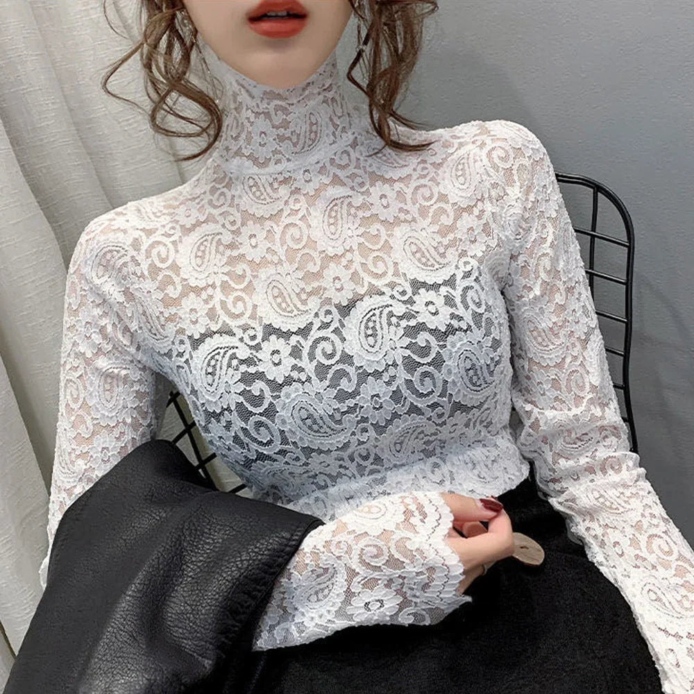 Blouse Women Transparent Lace T Shirt Stretch Turtleneck Petal Sleeve