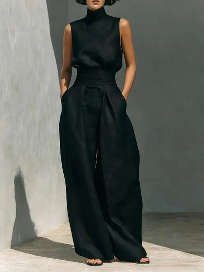 Women 2 Piece Outfit, Sleeveless High Neck Blouse & High Waist Wide