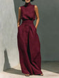 Women 2 Piece Outfit, Sleeveless High Neck Blouse & High Waist Wide
