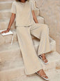 New Solid Green Women Loungewear Set Round Neck Crop Short Sleeve Top