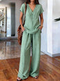 Loose Summer Trousers Set Solid Color Simple Daily Comfortable V-neck Short-sleeved Pullover Top Wide-leg Trousers Two-piece Set
