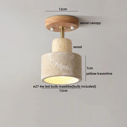 DecorBites™ Japan Style LED Ceiling Light Yellow Travertine Stone Wood Base Bedroom Luminaire.