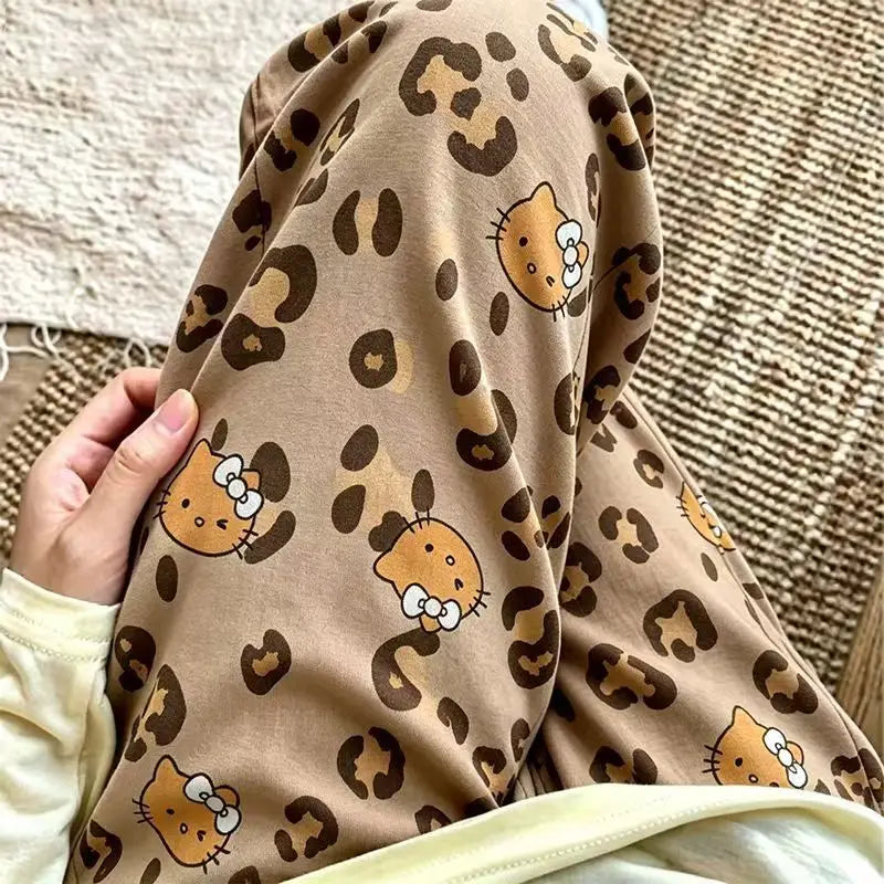 Cartoon Hello Kitty Spring Summer Leopard Print Wide Leg Pajama Pants