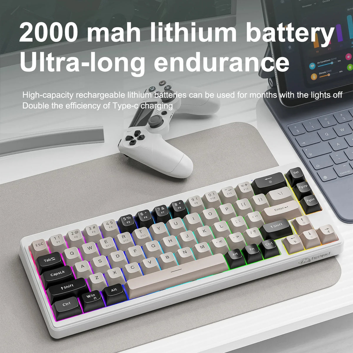 FREEWOLF M68 68 Keys Wireless Keyboard Mouse Combo, PBT RGB Tri-Mode Bluetooth/2.4G/Wired Keyboard, Silent Keyboard Mouse Set