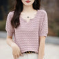 Women's T-shirt Summer New 100% Pure Cotton Tees Casual Solid Knitted Short sleeved V-neck Pullover Loose Tops Fashion Sweater